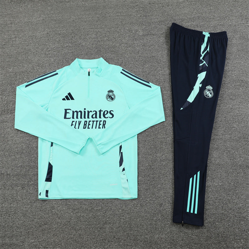 Real Madrid 2024/25 Mint Green & Navy Adidas Training Tracksuit – Quarter-Zip Top & Tapered Pants | Emirates La Liga Training Suit