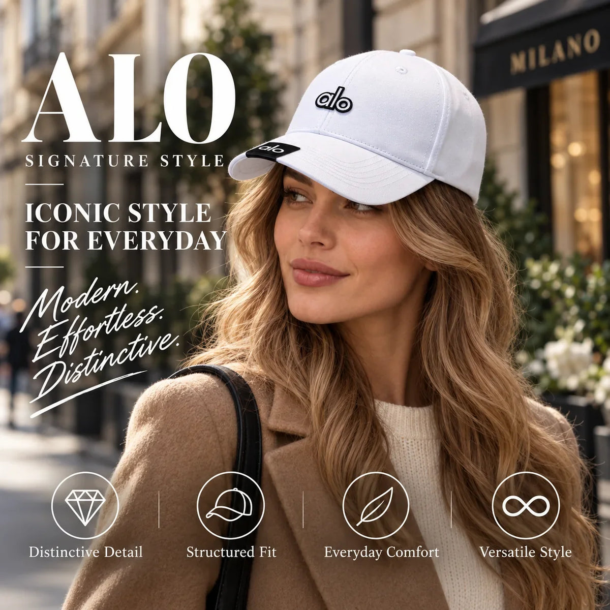 Alo Baseball Cap worn by fashion model in a European street-style setting