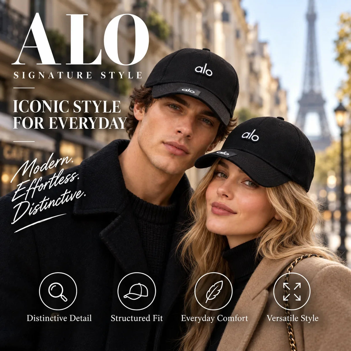 Alo Baseball Cap worn by fashion model in a European street-style setting