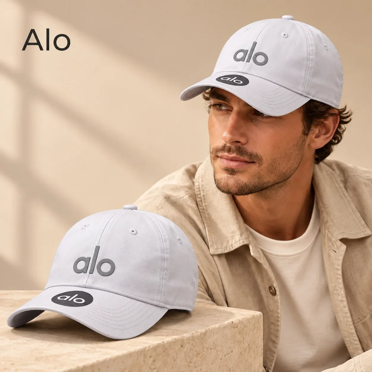 Alo Baseball Cap worn by a model with matching hat close-up