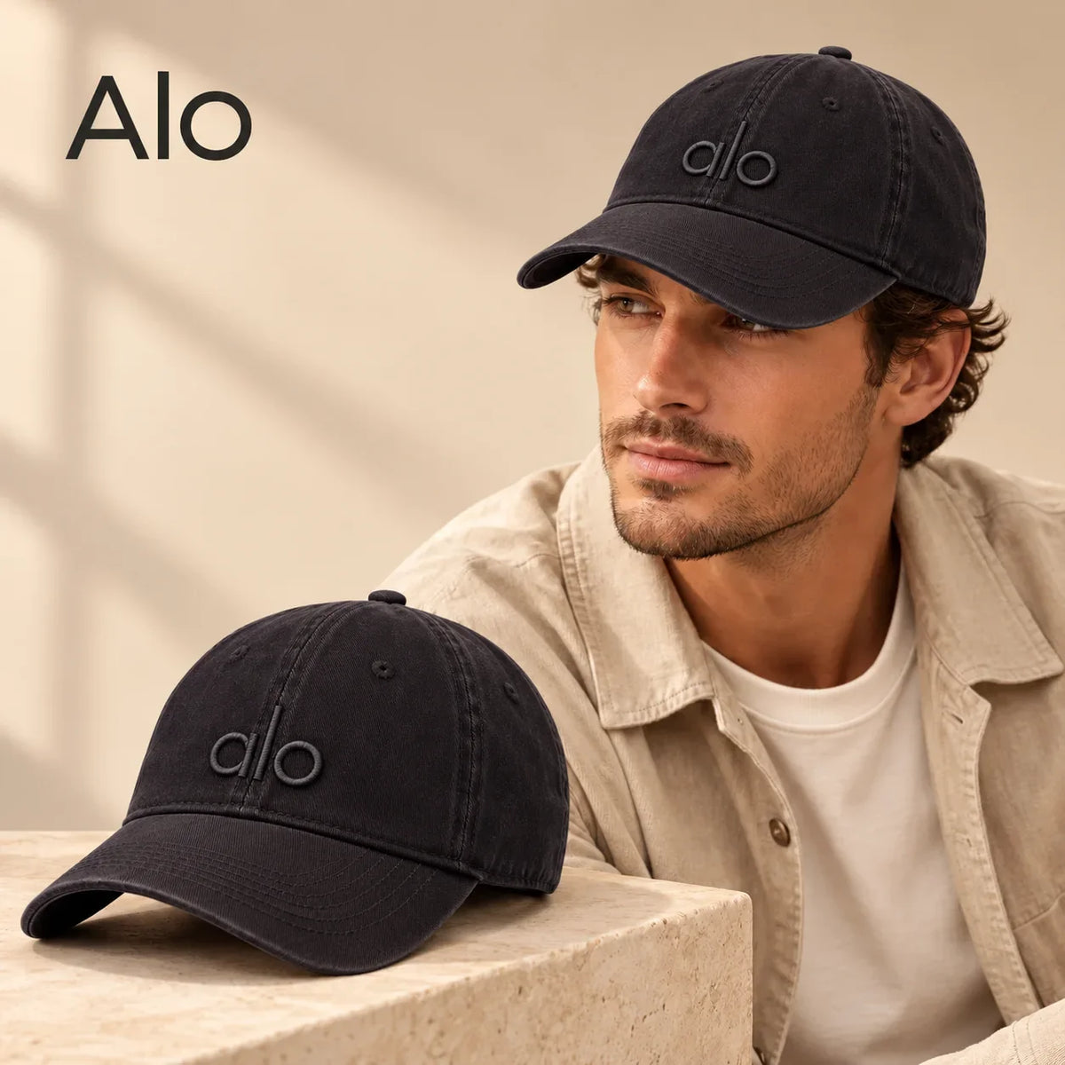 Alo Baseball Cap worn by a model with matching hat close-up