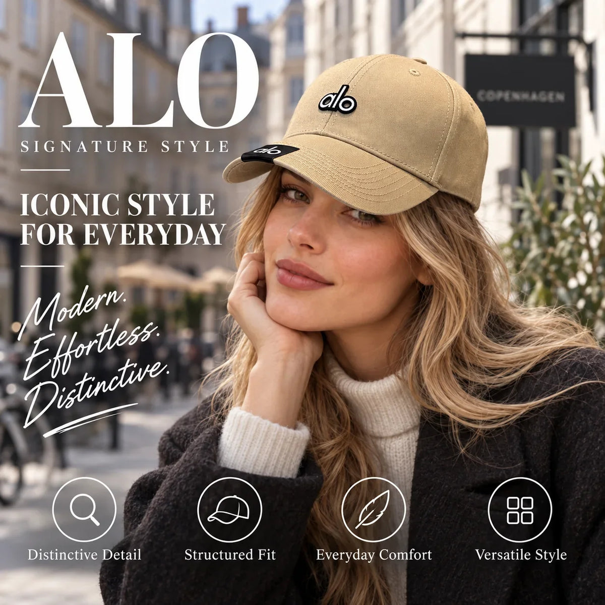 Alo Baseball Cap worn by fashion model in a European street-style setting