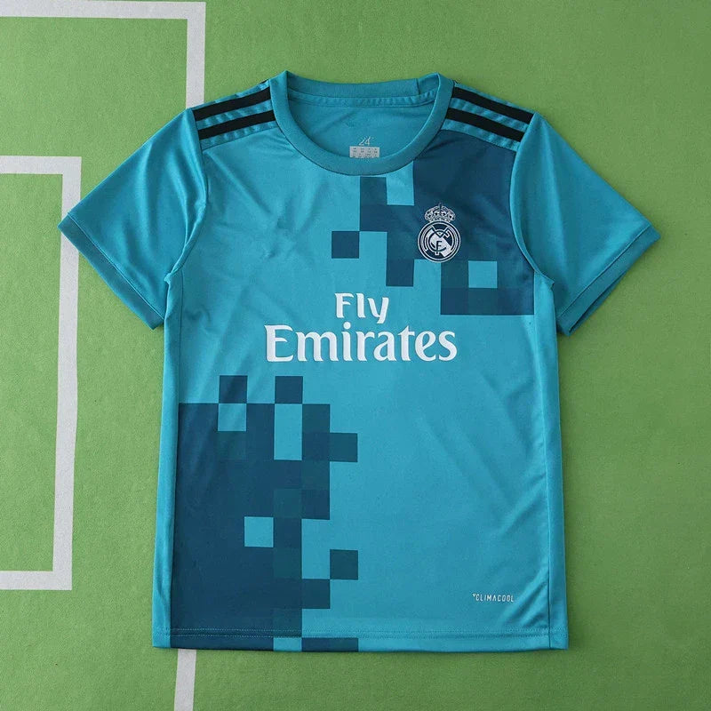 Real Madrid CF Third Retro Kids Kit 2017/18 – Children's Teal Football Jersey & Shorts Set with Pixel Block Design