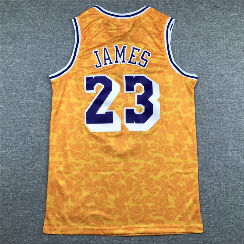 LeBron James #23 Los Angeles Lakers Gold 2018-19 BAPE × Mitchell & Ness Hardwood Classics Camo Ape Head Swingman Jersey