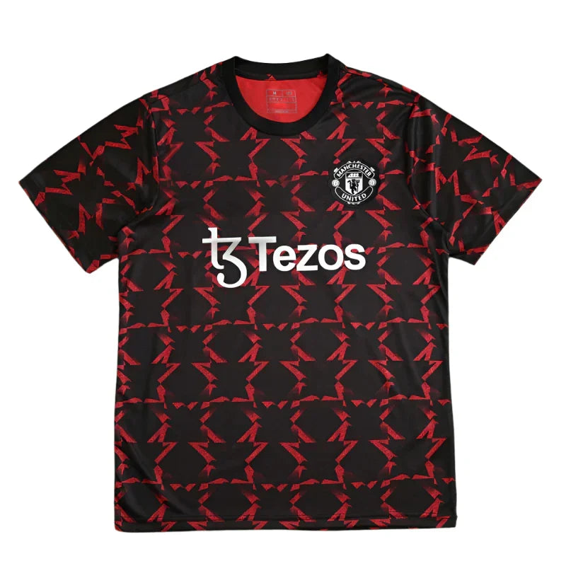 Manchester United Training Shirt Fan Version 2024/25 – Black Red Diamond Pattern Tezos Pre-Match Top