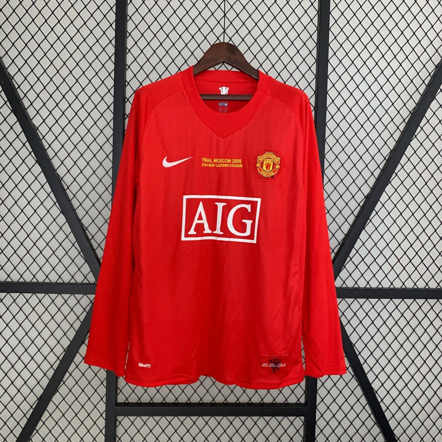 Manchester United 2008 UEFA Champions League Final Long Sleeve Home Retro Jersey – Nike Red AIG Moscow Luzhniki Ronaldo Rooney