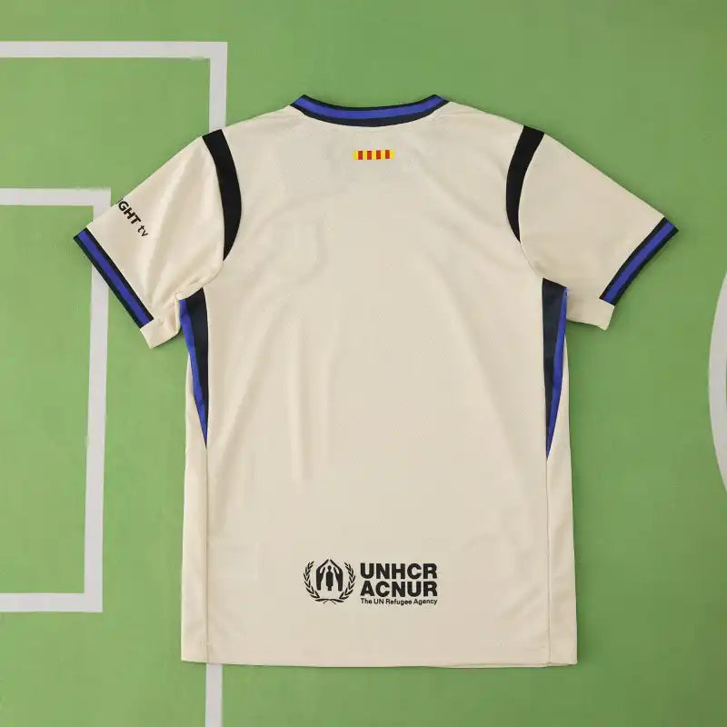 FC Barcelona Away Kids Kit 2025/26 — Cream White & Navy Spotify Edition