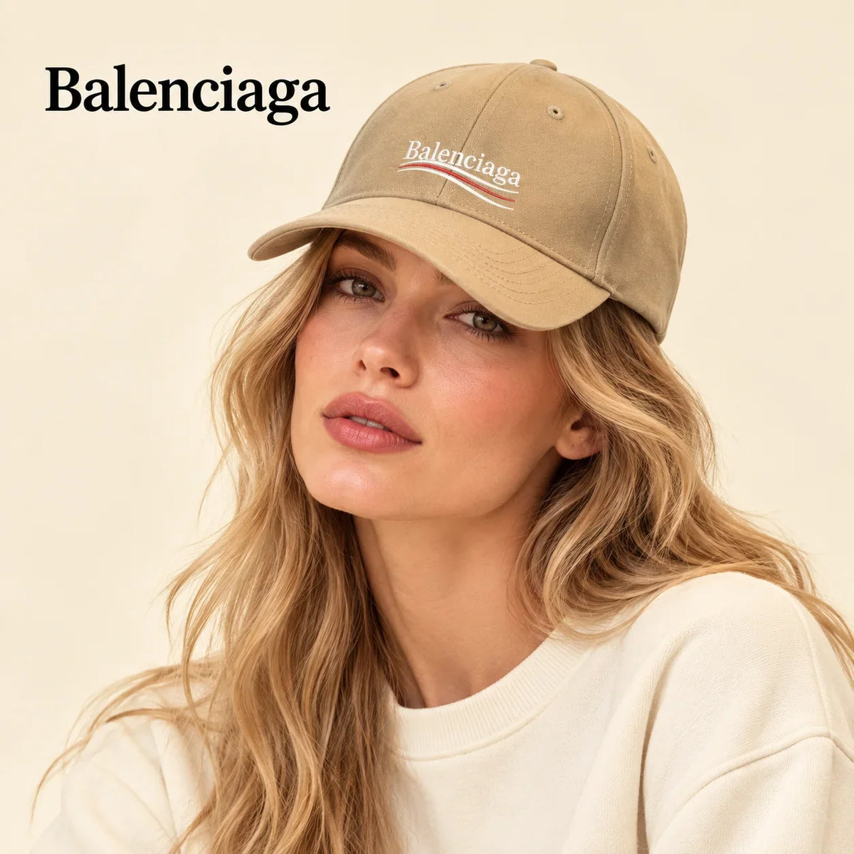 Model wearing balenciaga baseball cap on head