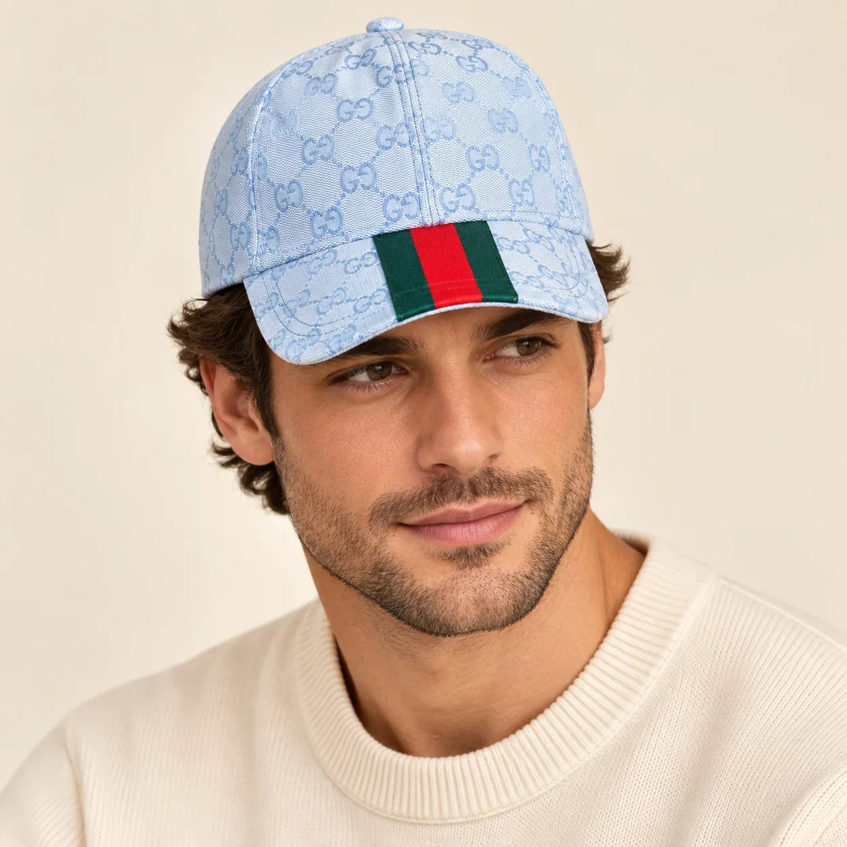 Model wearing baseball cap on head