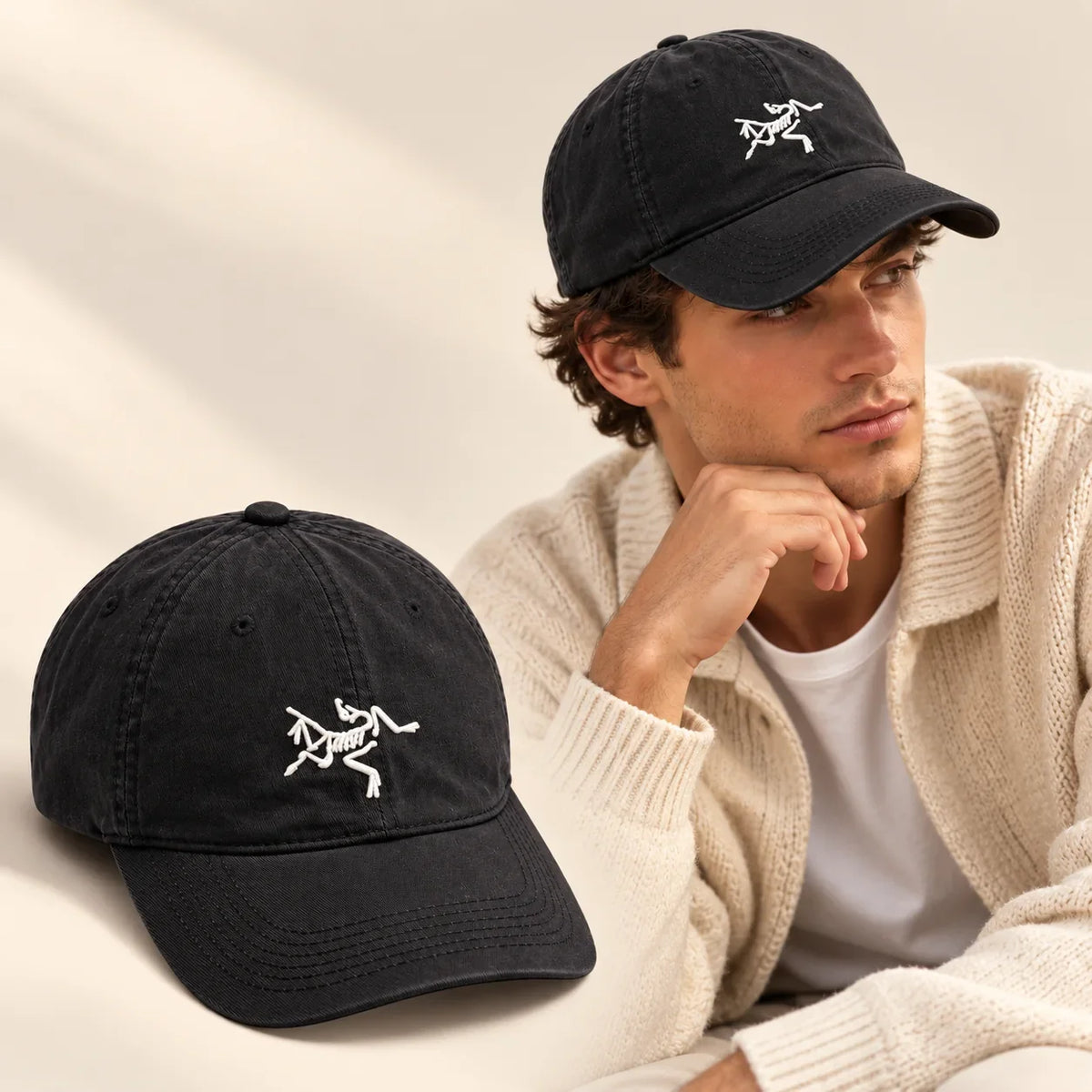 Model wearing Baseball Cap on head with matching product close-up