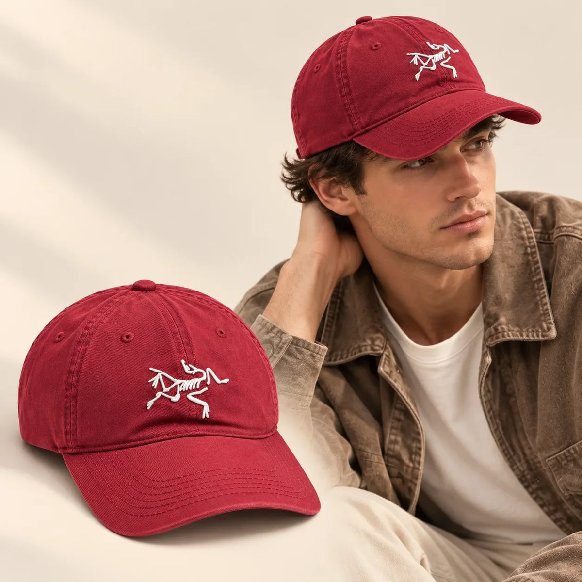 Model wearing Baseball Cap on head with matching product close-up