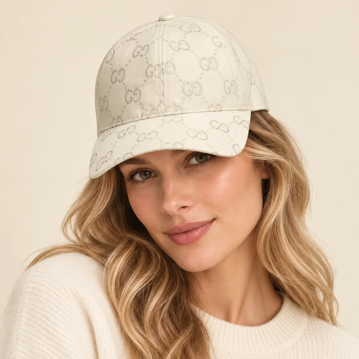 Model wearing baseball cap on head