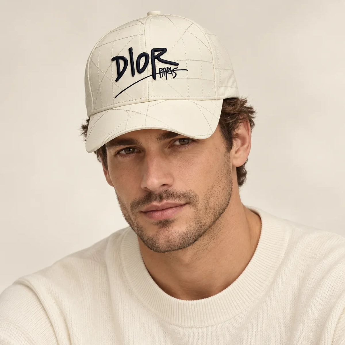 Model wearing baseball cap on head