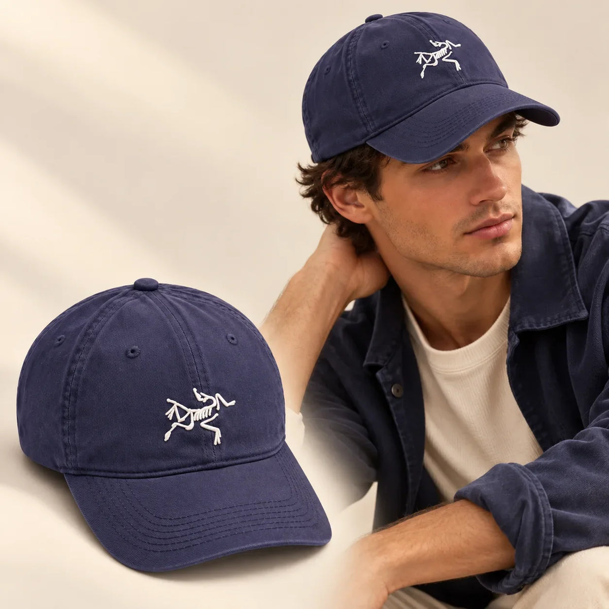 Model wearing Baseball Cap on head with matching product close-up