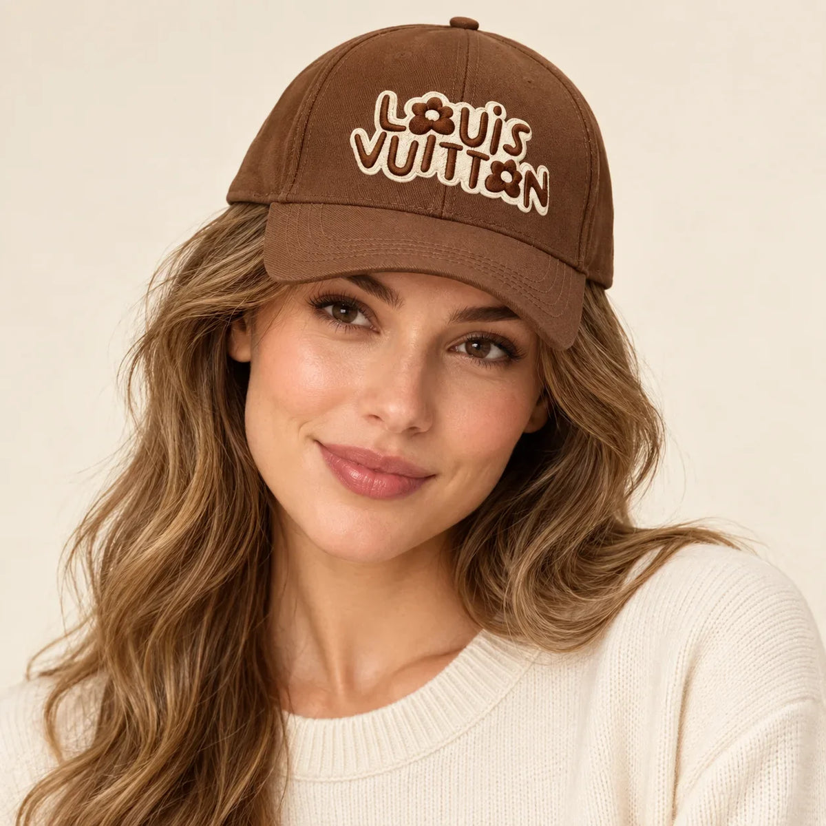 Model wearing baseball cap on head