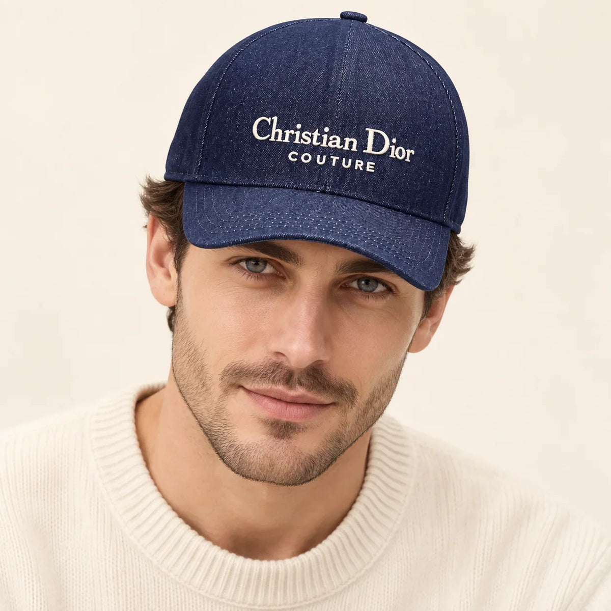Model wearing baseball cap on head