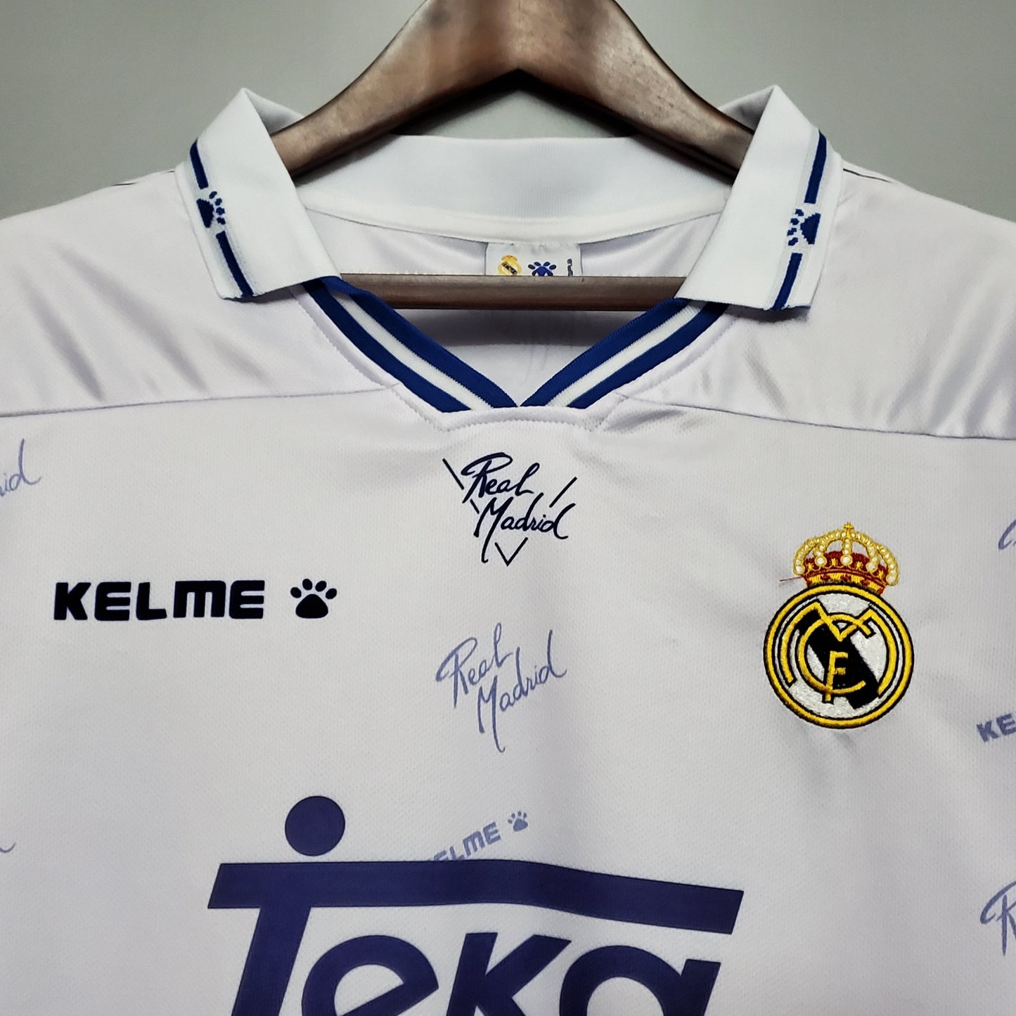 Real Madrid 1995-96 Home Retro Jersey – White All-Over Print Teka Kelme Fan Version La Liga Football Shirt