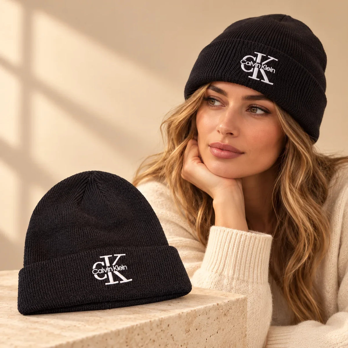 Calvin Klein Beanie mens brown beanie white beanie mens worn on model with product close-up