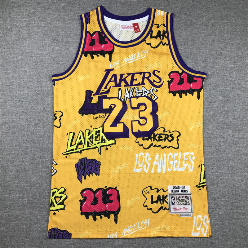 LeBron James #23 Los Angeles Lakers Gold 2018-19 Graffiti Edition Mitchell & Ness Hardwood Classics Swingman Jersey