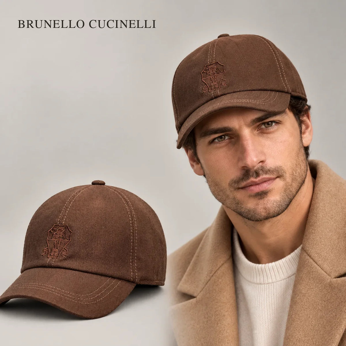 Brunello Baseball Cap worn by an adult model, with matching hat close-up