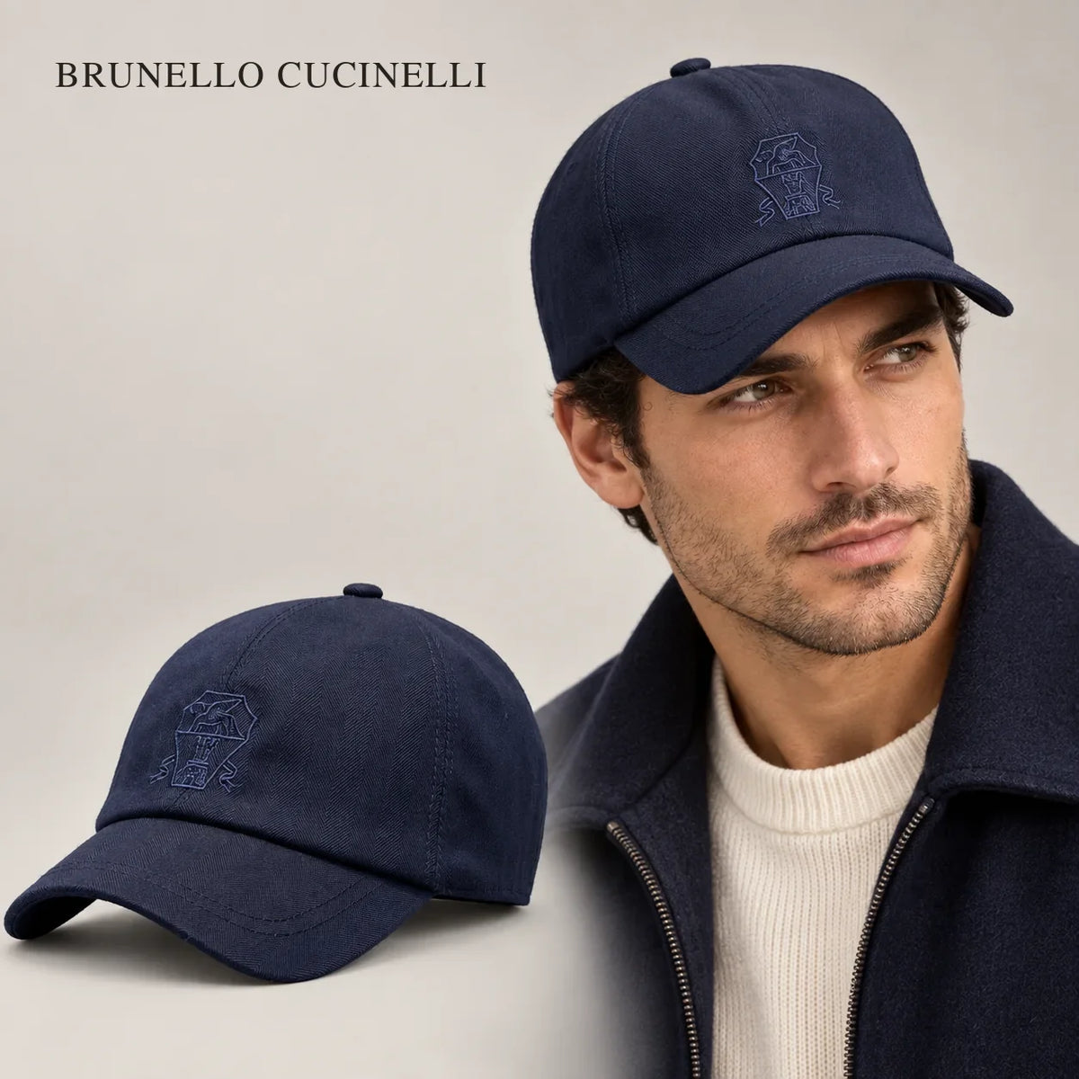 Brunello Baseball Cap worn by an adult model, with matching hat close-up