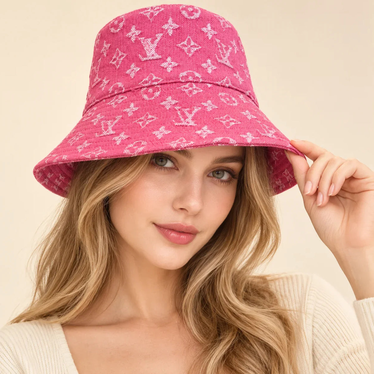 Model wearing bucket hat on head