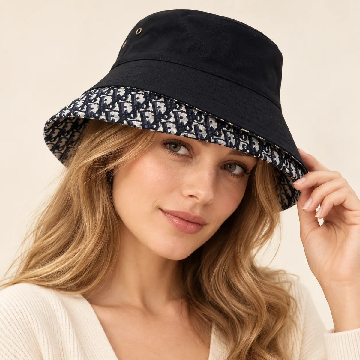 Model wearing bucket hat on head
