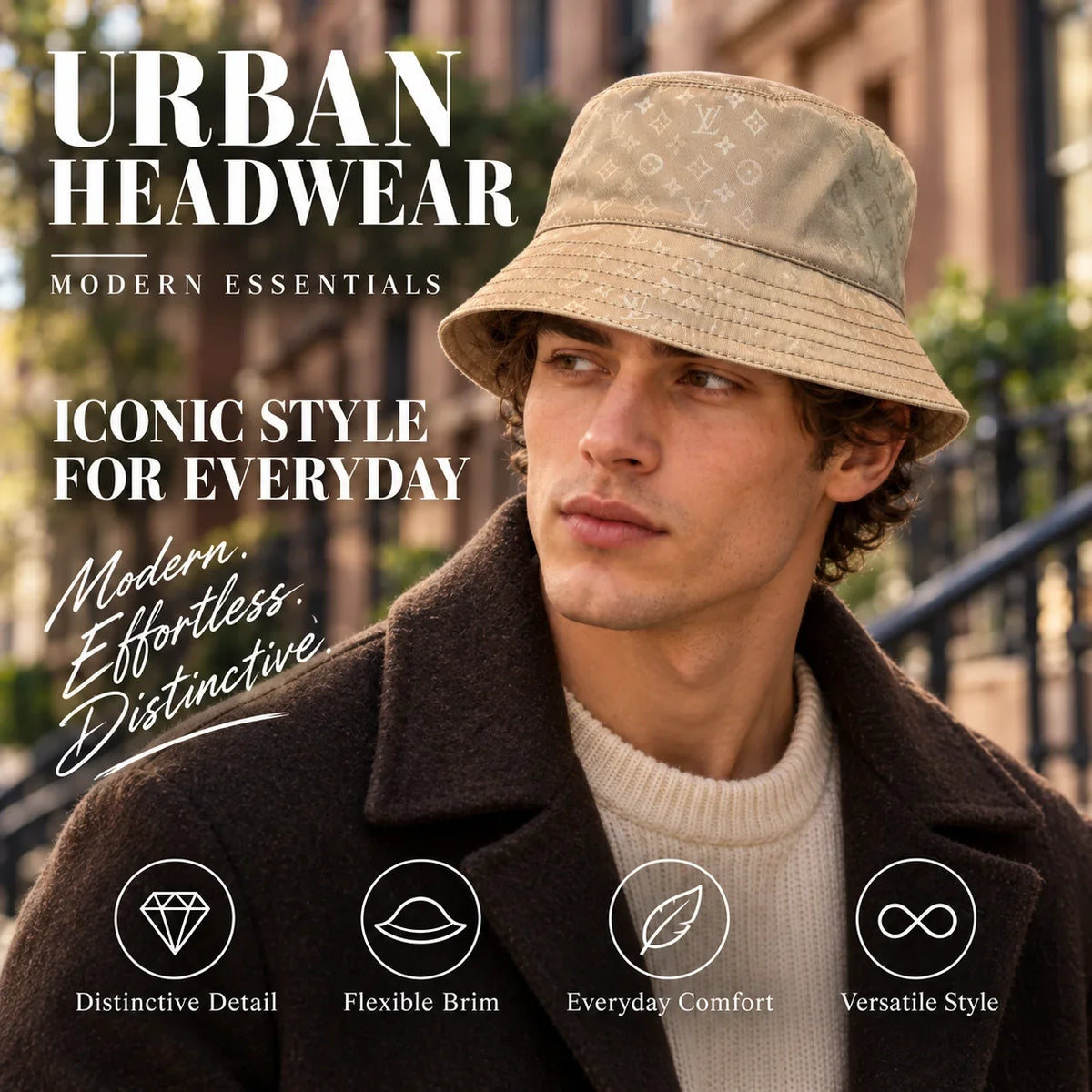 Bucket Hat worn by fashion model in a European street-style setting