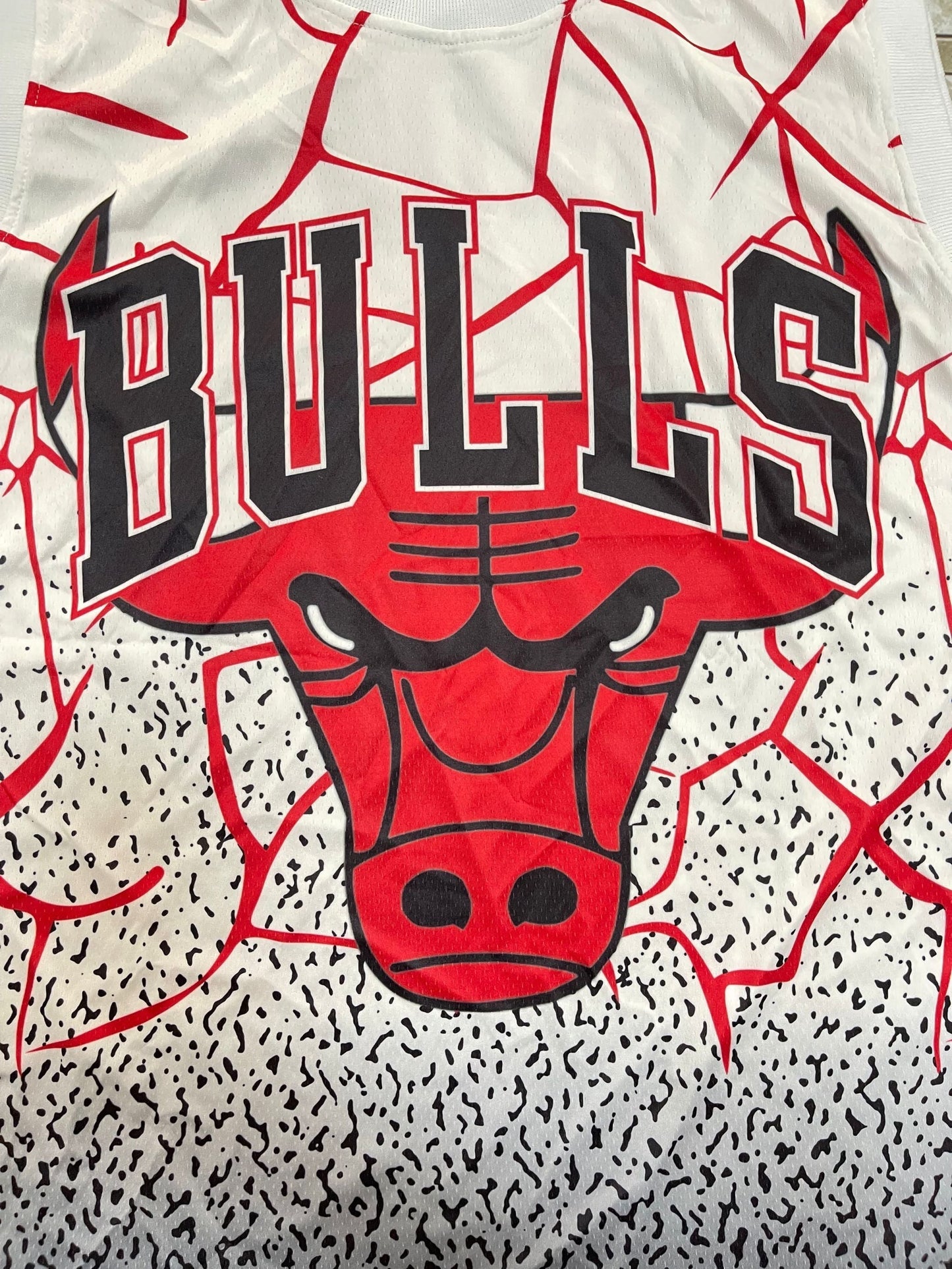 Chicago Bulls Mitchell & Ness White Black Gradient Cracked Red Lightning All-Over Print Hardwood Classics Swingman Jersey