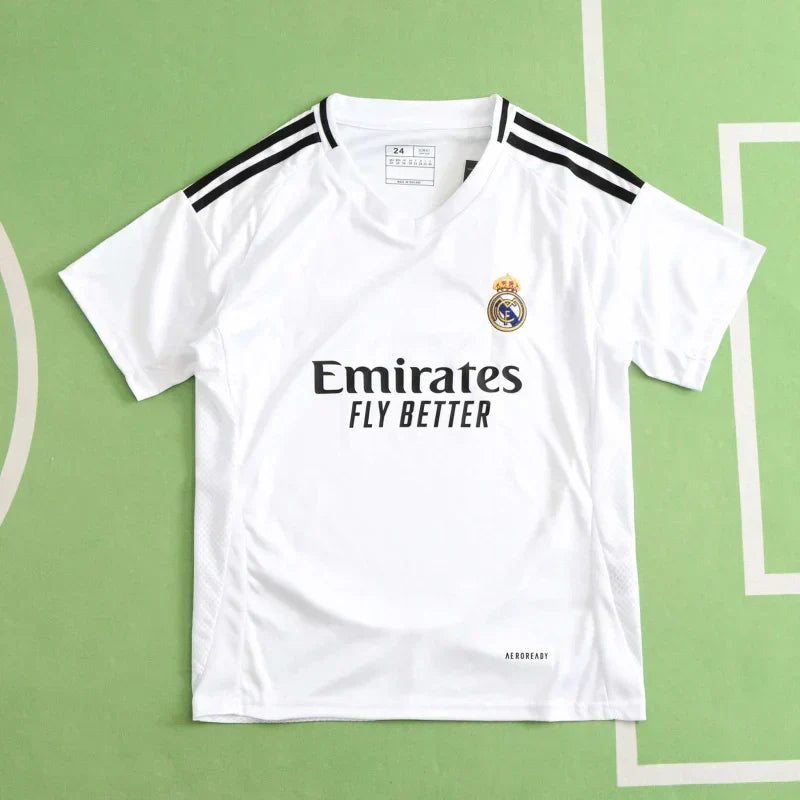 Real Madrid CF Home Kids Kit 2024/25 – White Football Jersey & Shorts Set for Children