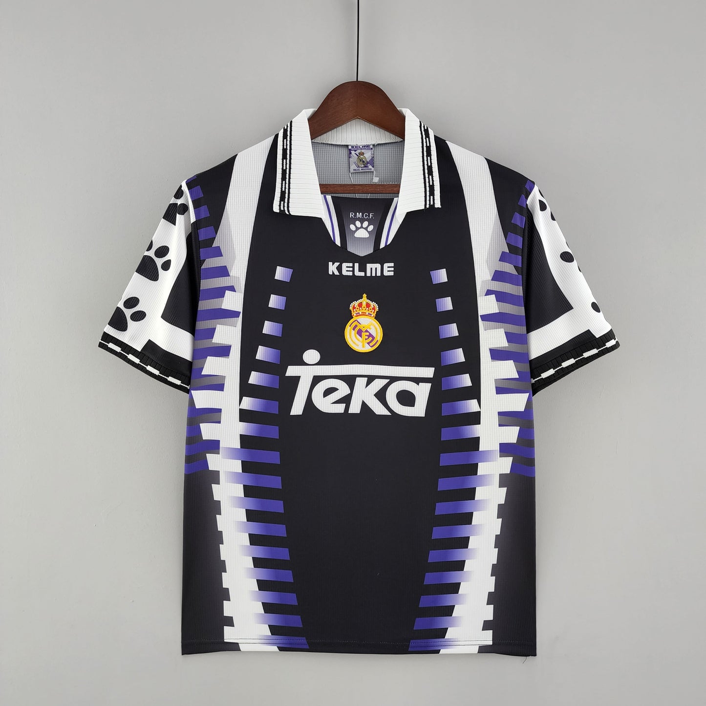 Real Madrid 1997-98 Third Retro Jersey – Kelme Black Purple Stripe Leopard Print Sleeve Kit | Champions League Winners Raul Era
