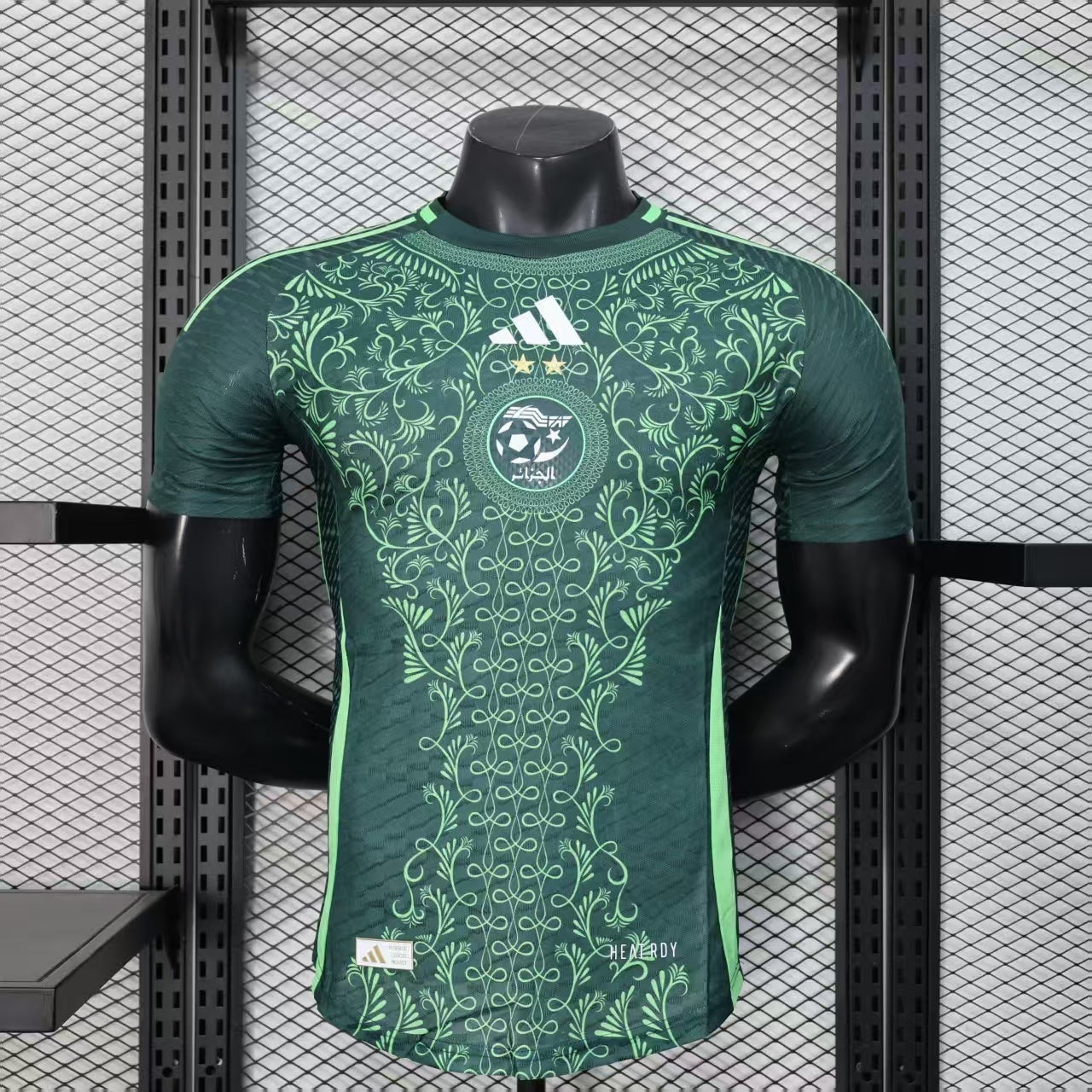 2025/26 Algeria Green Player Version Jersey - Dark Green Body All-Over Arabic-Inspired Floral Vine Embossed Texture - Adidas - Neon Green Side Seam Piping & Crew Neck Trim - Two Gold Stars - Algeria National Team Crest