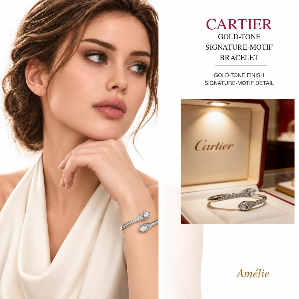 Cartier Style 179 gold-tone finish bracelet worn by model with matching product close-up