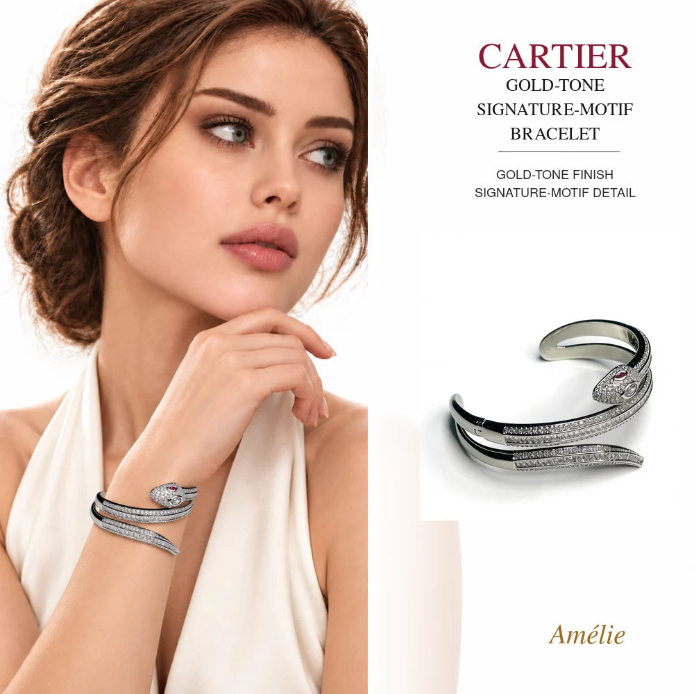Cartier Style 180 gold-tone finish bracelet worn by model with matching product close-up