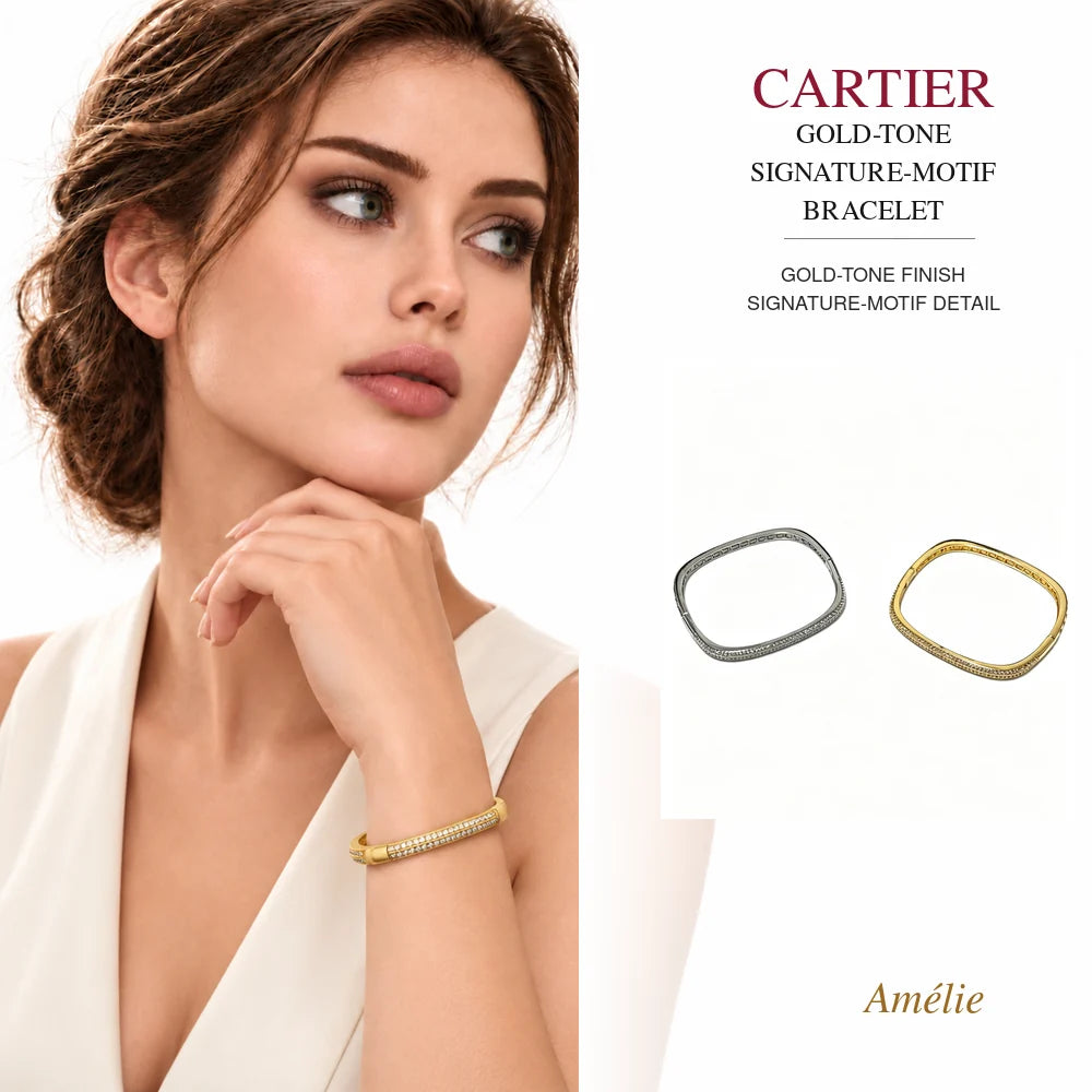 Cartier Style 182 gold-tone finish bracelet worn by model with matching product close-up