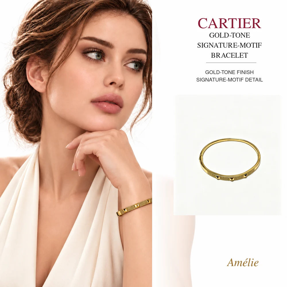 Cartier Style 183 gold-tone finish bracelet worn by model with matching product close-up