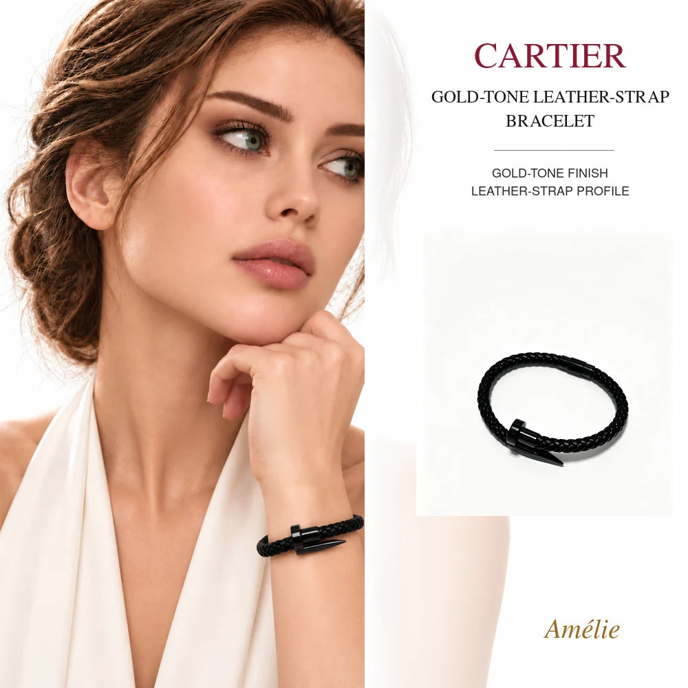 Cartier Style 188 gold-tone finish bracelet worn by model with matching product close-up