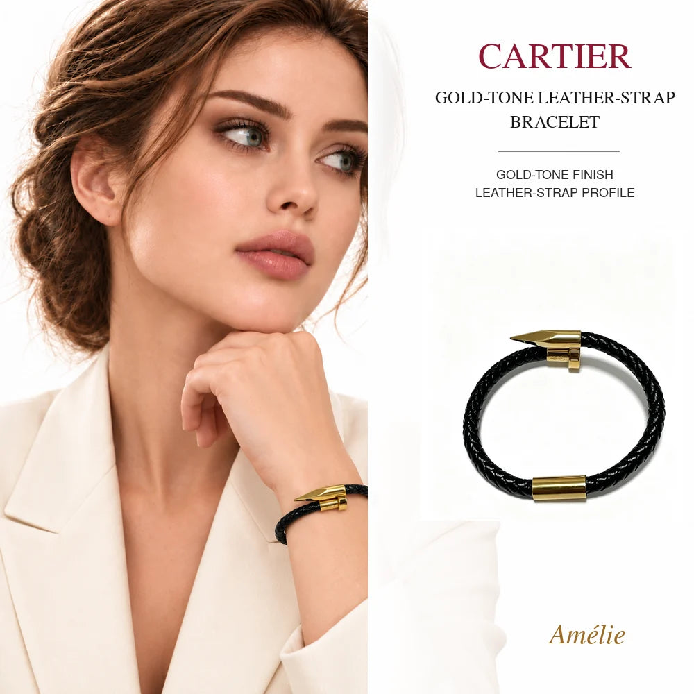 Cartier Style 189 gold-tone finish bracelet worn by model with matching product close-up