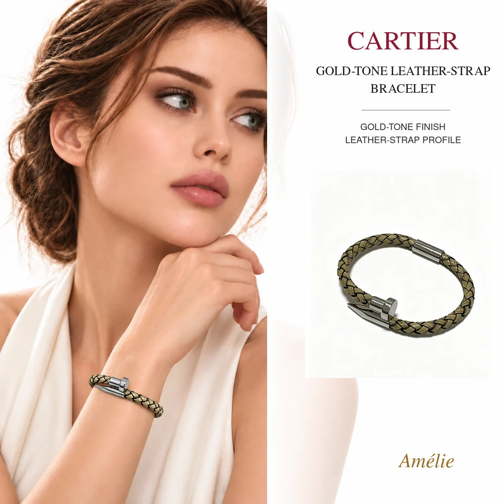 Cartier Style 191 gold-tone finish bracelet worn by model with matching product close-up
