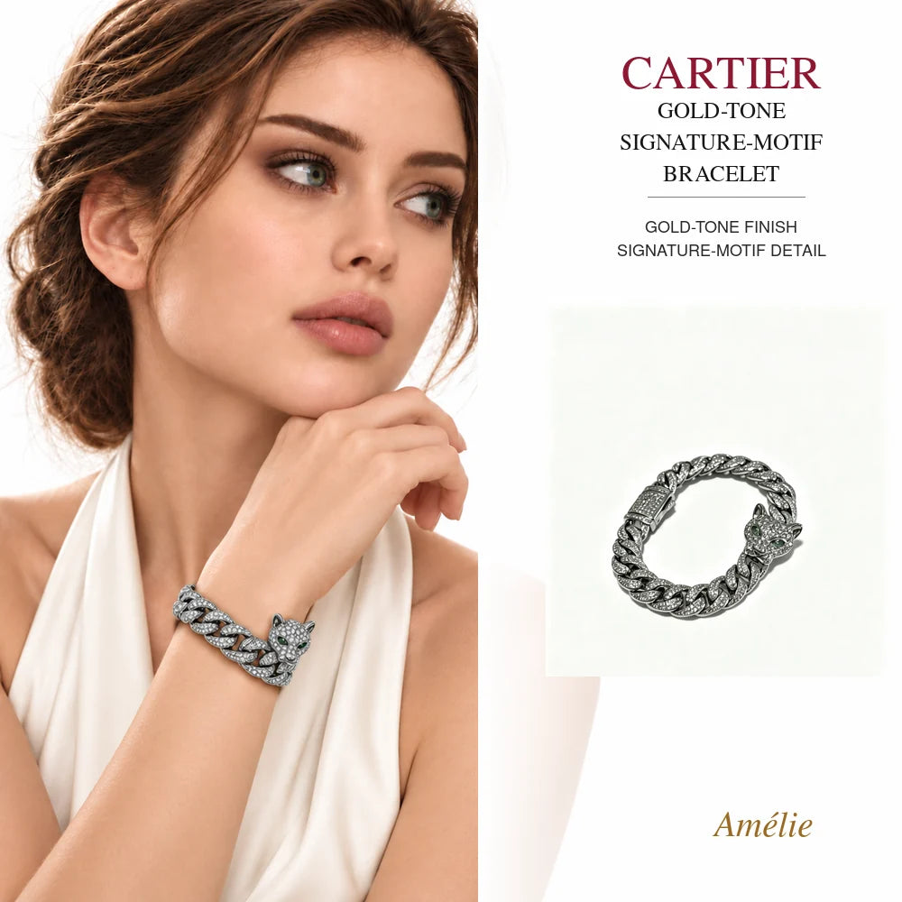 Cartier Style 195 gold-tone finish bracelet worn by model with matching product close-up