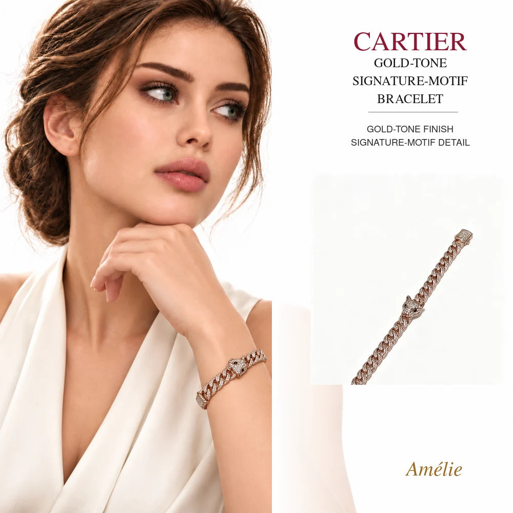 Cartier Style 196 gold-tone finish bracelet worn by model with matching product close-up