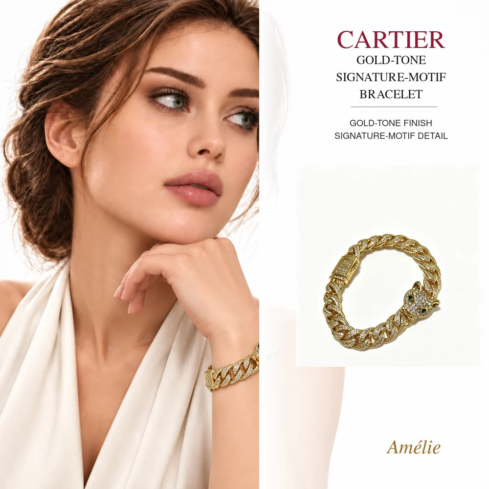 Cartier Style 197 gold-tone finish bracelet worn by model with matching product close-up