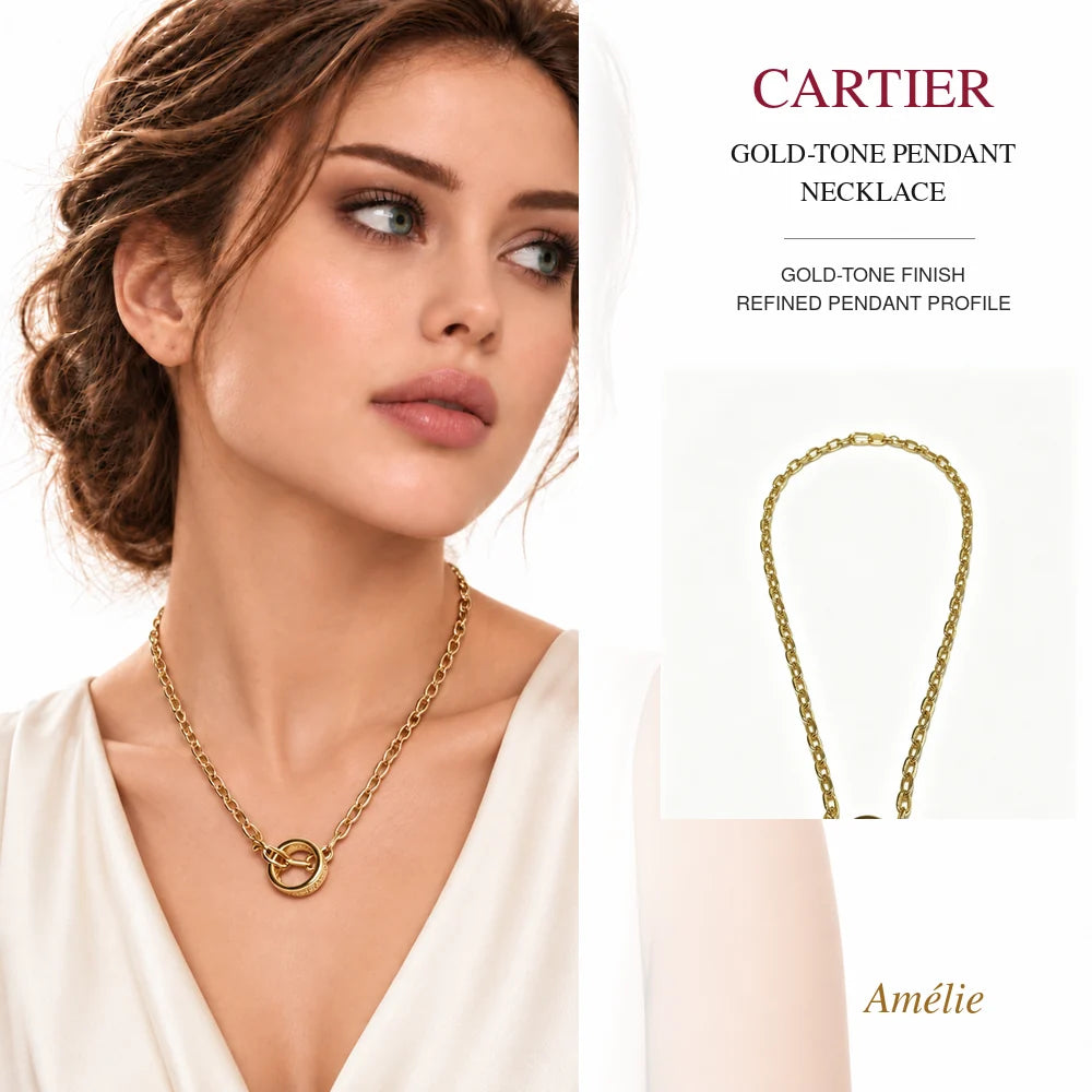 Cartier Style 198 gold-tone finish necklace worn by model with matching product close-up