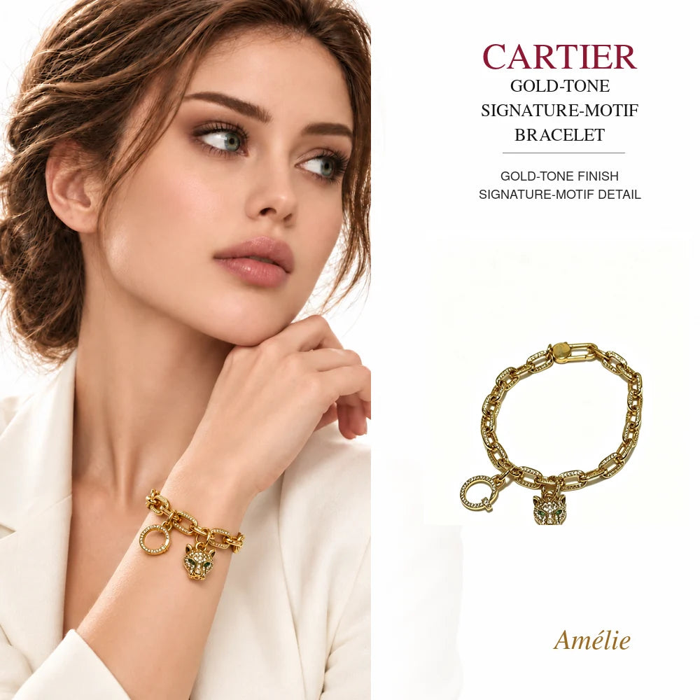Cartier Style 199 gold-tone finish bracelet worn by model with matching product close-up