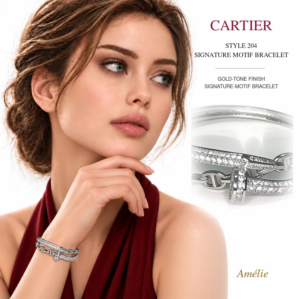 Cartier Style 204 Gold-Tone Signature-Motif Bracelet worn by model with matching product close-up on white background