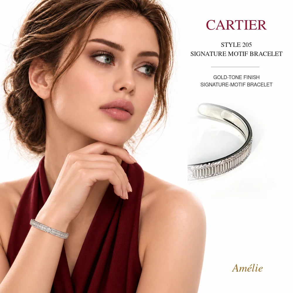 Cartier Style 205 Gold-Tone Signature-Motif Bracelet worn by model with matching product close-up on white background