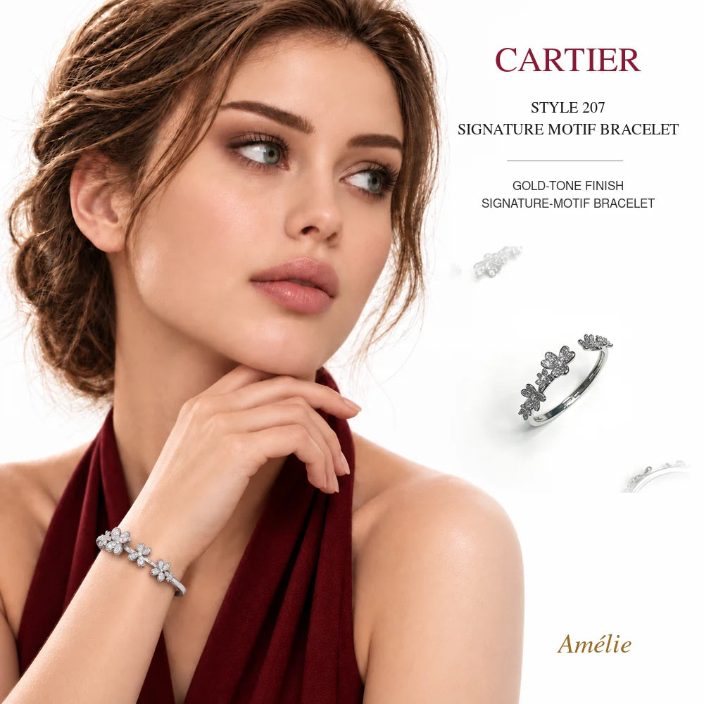 Cartier Style 207 Gold-Tone Signature-Motif Bracelet worn by model with matching product close-up on white background