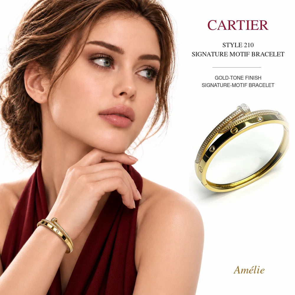 Cartier Style 210 Gold-Tone Signature-Motif Bracelet worn by model with matching product close-up on white background