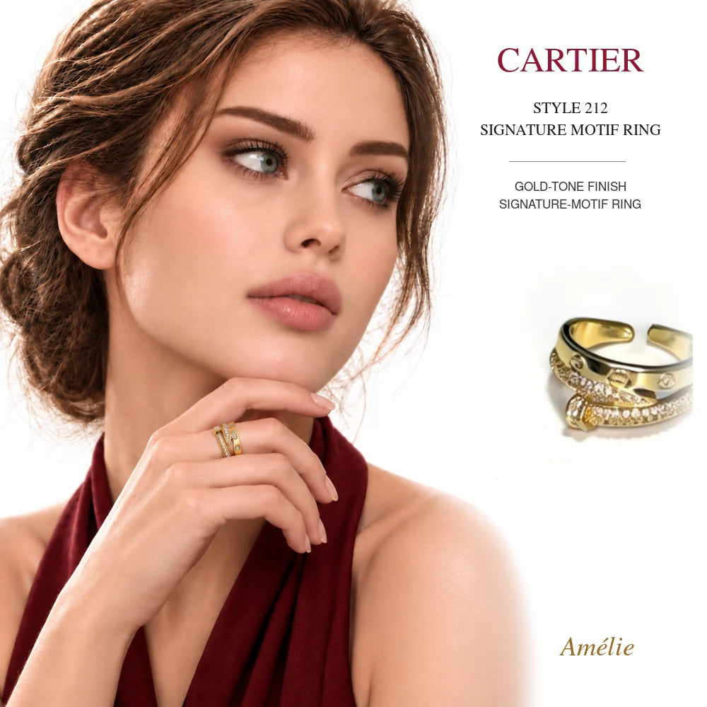 Cartier Style 212 Gold-Tone Signature-Motif Ring worn by model with matching product close-up on white background