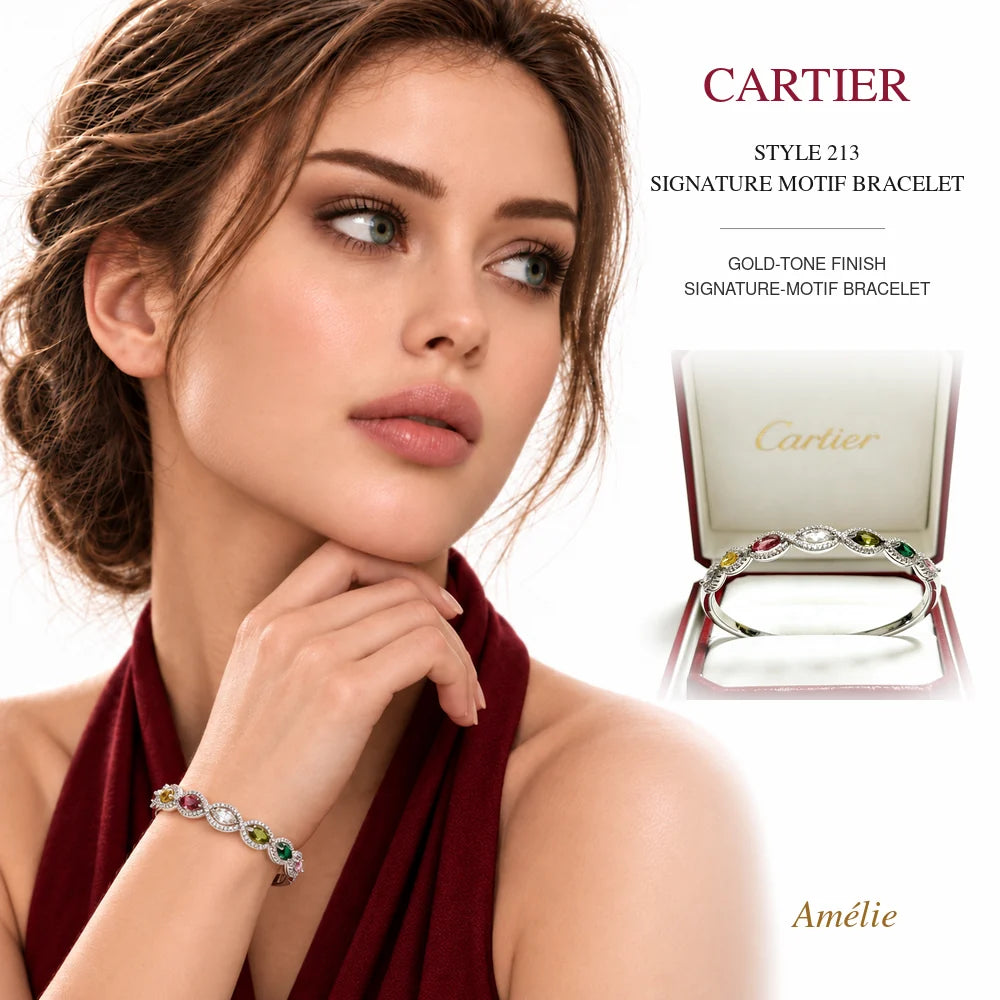 Cartier Style 213 Gold-Tone Signature-Motif Bracelet worn by model with matching product close-up on white background